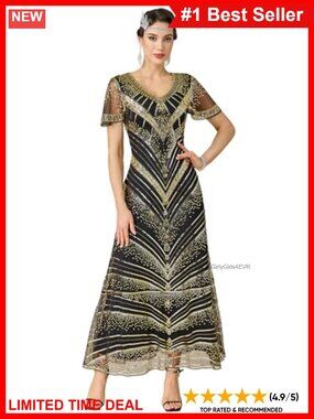 1920s Flapper Maxi Dress Sequin Beaded V-Neck Evening Party